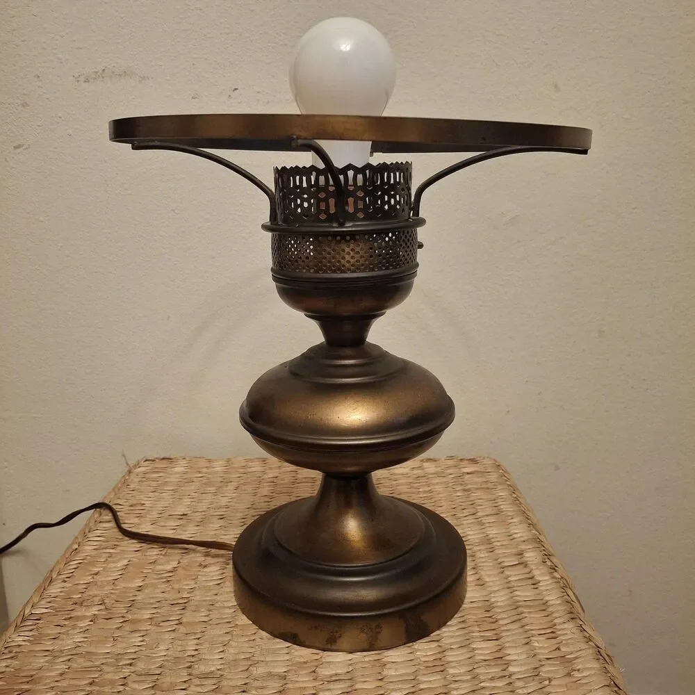 Vintage MCM Mid Century Brass Electric Oil Style Table Lamp (2) Retro Regency
